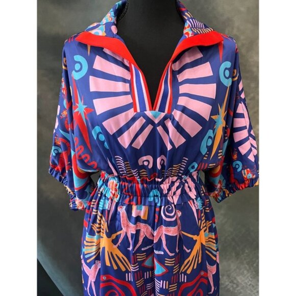 New Emily McCarthy Palmer Dress M Blue Red Print Boho Collared Short Sleeve - Picture 2 of 9